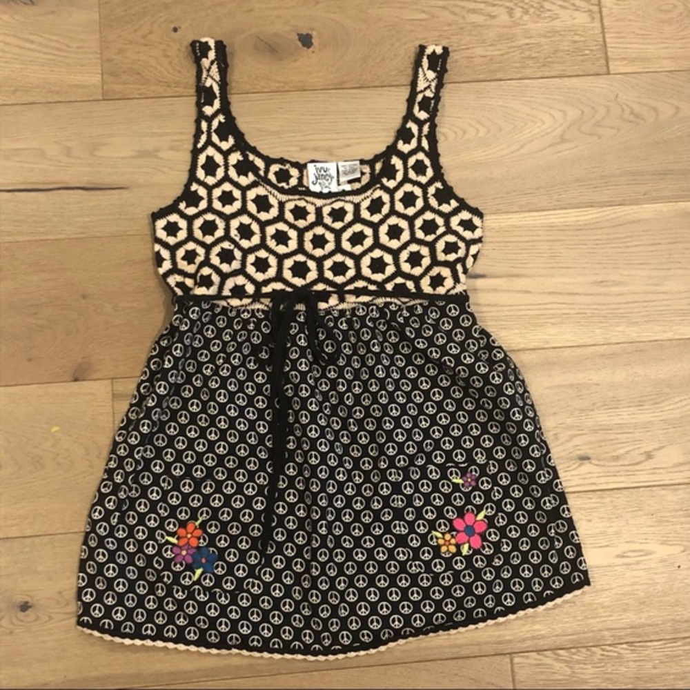 Ivy Jane Crocheted Peace Sign Tank Top Sz M Tan Black Floral Embroidery Y2K